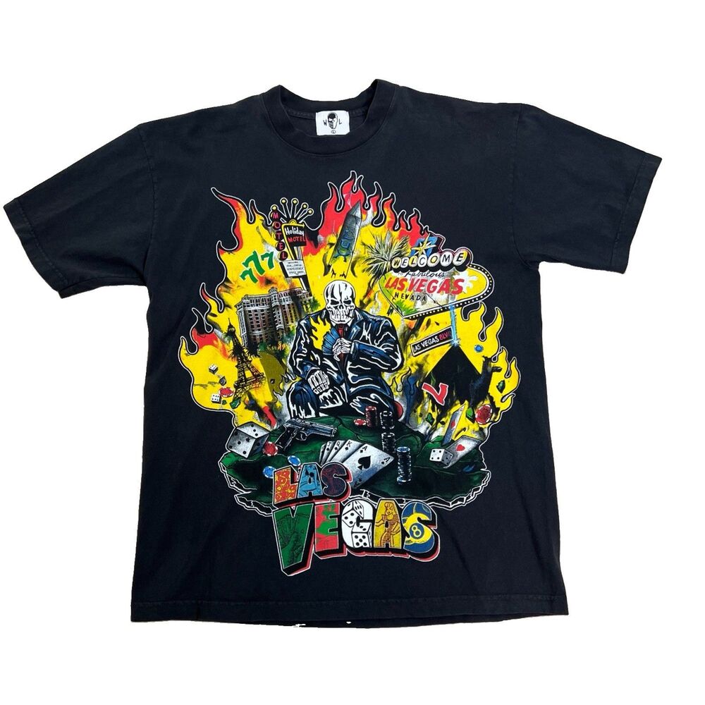 Warren Lotas Las Vegas Graphic Print Skull Black T- Shirt Size Large